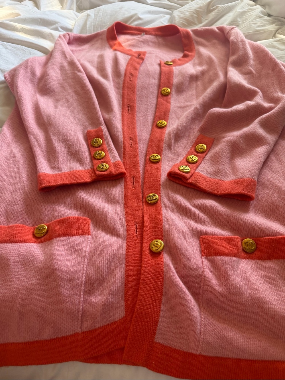 CHANEL Vintage Pink & Coral Button Front Cardigan with Gold Buttons